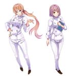  2girls arato_hisako blonde_hair blush breasts brown_eyes long_hair multiple_girls nakiri_erina open_mouth pants ponytail purple_eyes purple_hair shoes shokugeki_no_souma short_hair smile 