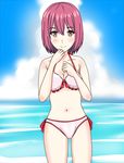  arato_hisako bare_shoulders bikini blush breasts cleavage frills midriff navel pink_eyes purple_hair shokugeki_no_souma short_hair smile swimsuit 