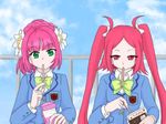  2girls flower green_eyes long_hair multiple_girls pink_hair pocky ponytail red_eyes red_hair ribbon rommy rubia_natwick school_uniform tales_of_(series) tales_of_the_tempest twintails 