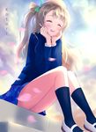  blue_skirt blush bow brown_hair character_name closed_eyes eyebrows_visible_through_hair facing_viewer green_bow hair_bow highres kneehighs long_hair long_legs long_sleeves love_live! love_live!_school_idol_project minami_kotori navy_blue_legwear parted_lips shoes sitting skirt smile solo uwabaki xiao_ren 