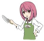  1girl apron arato_hisako breasts knife open_mouth pink_eyes purple_hair shokugeki_no_souma short_hair 