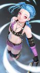  belt blue_hair braid bullets gloves jinx_(league_of_legends) league_of_legends leecheie lipstick long_hair makeup pink_eyes tattoo twin_braids 