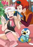  2girls blue_eyes blue_hair female hainchu hikari_(pokemon) legs multiple_girls nintendo nozomi_(pokemon) piplup pokemon red_eyes red_hair sketch yuri 