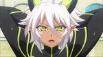  1girl animated animated_gif bouncing_breasts breasts cleavage dark_skin female large_breasts shinmai_maou_no_testament short_hair solo white_hair yellow_eyes zest 