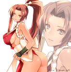  2015 ass bare_shoulders bent_over breasts brown_eyes brown_hair closed_fan covered_nipples dress fan fatal_fury folding_fan hair_ribbon high_ponytail holding holding_fan kigawa_rin large_breasts long_hair looking_at_viewer looking_back pelvic_curtain red_dress revealing_clothes ribbon rope sash shimenawa shiranui_mai simple_background solo the_king_of_fighters twitter_username white_background white_ribbon zoom_layer 