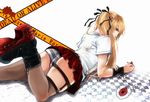  artist_request asagi516 ass blonde_hair boots brown_eyes cameltoe dead_or_alive from_behind hair_ribbon long_hair looking_at_viewer looking_back lying marie_rose on_stomach panties ribbon school_uniform skirt solo striped striped_panties thigh_strap thighhighs twintails underwear wristband 