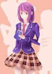  1girl arato_hisako breasts necktie purple_eyes purple_hair school_uniform shokugeki_no_souma short_hair skirt smile 
