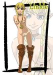  1girl artist_name blonde_hair blue_eyes boots breasts compass linkle looking_at_viewer necklace nipples nude pointy_ears solo the_legend_of_zelda twin_braids web_address zelda_musou 