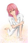  arato_hisako barefoot breasts open_mouth pants purple_hair red_eyes shokugeki_no_souma short_hair 