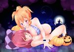  2girls arato_hisako ass bare_shoulders bat blonde_hair blush bottomless breasts halloween hikari0910 long_hair multiple_girls nail_polish nakiri_erina nipples open_mouth pillow ponytail pumpkin purple_eyes purple_hair red_eyes shokugeki_no_souma short_hair skirt socks tail topless yuri 