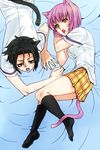  1boy 1girl animal_ears arato_hisako black_hair breasts kurokiba_ryou open_mouth purple_hair red_eyes shokugeki_no_souma short_hair skirt socks tail yellow_eyes 