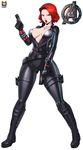  avengers black_widow bodysuit boots breasts green_eyes gun handgun kyoffie large_breasts latex lipstick makeup marvel natasha_romanoff open_mouth pistol red_hair weapon 