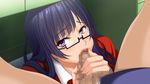  1girl blush caressing_testicles censored cheek_bulge eigyoubu_dai_4-ka_mesubuta_choukyou_shiikukakari fellatio game_cg glasses highres legs long_hair looking_at_viewer monpuchi mosaic_censoring no_pants oral penis purple_eyes purple_hair sitting solo_focus spread_legs table testicles thighs under_table 