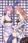  2girls arato_hisako back bare_shoulders blonde_hair bra breasts cleavage long_hair multiple_girls nakiri_erina open_mouth pink_eyes purple_eyes purple_hair shokugeki_no_souma short_hair shower skirt thighhighs underwear wet 