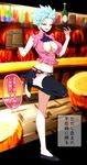  1girl alcohol ban_(nanatsu_no_taizai) bar black_legwear bottle breasts cleavage cleavage_cutout cosplay drinks elizabeth_liones_(cosplay) fang female genderswap large_breasts midriff nanatsu_no_taizai navel red_eyes ryou_reiko silver_hair single_thighhigh skirt smile solo spiked_hair standing_on_one_leg thighhighs translation_request tray waitress 