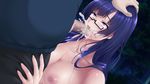  1girl areolae blush breasts censored clothed_male_nude_female cum cum_in_mouth cum_on_body cum_on_upper_body eigyoubu_dai_4-ka_mesubuta_choukyou_shiikukakari ejaculation fellatio game_cg glasses hand_on_head highres large_breasts long_hair looking_up monpuchi mosaic_censoring nipples nude oral penis purple_eyes purple_hair solo_focus standing 