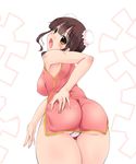  1girl artist_request ass ass_grab bare_shoulders blush breasts brown_eyes brown_hair bun_cover china_dress chinese_clothes deep_skin dress female from_behind huge_ass large_breasts looking_at_viewer looking_back nekohane_ryou open_mouth original panties pantyshot shiny shiny_clothes shiny_skin short_hair skin_tight solo thick_thighs underwear wide_hips 