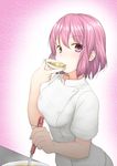  1girl arato_hisako blush breasts open_mouth pants purple_eyes purple_hair shokugeki_no_souma short_hair 