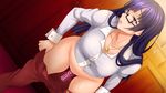  1girl blush breasts dildo dutch_angle eigyoubu_dai_4-ka_mesubuta_choukyou_shiikukakari embarrassed erect_nipples female game_cg glasses highres large_breasts leaning_forward legs long_hair looking_back monpuchi no_panties object_insertion pants_down purple_eyes purple_hair solo standing thighs undressing vaginal vaginal_object_insertion vibrator 