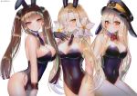  3girls animal_ears bangs bare_shoulders black_leotard black_neckwear blonde_hair blue_neckwear blunt_bangs blush bow bowtie breasts brown_hair bunny_ears bunny_tail bunnysuit cleavage closed_mouth collarbone confetti covered_navel detached_collar dsr-50_(girls_frontline) expressionless eyebrows_visible_through_hair fake_animal_ears flower girls_frontline hair_between_eyes hair_flower hair_ornament hair_ribbon hanato_(seonoaiko) hat iron_cross kar98k_(girls_frontline) large_breasts leotard long_hair looking_at_viewer medium_breasts mole mole_under_eye multiple_girls necktie orange_eyes pantyhose red_eyes red_neckwear ribbon side-tie_leotard sidelocks silver_hair simple_background smile steyr_aug_(girls_frontline) tail twintails very_long_hair white_background white_legwear wrist_cuffs yellow_eyes 