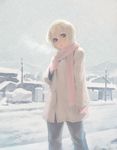  blonde_hair blue_eyes breath day looking_at_viewer lowres mittens original outdoors pants pink_scarf scarf short_hair snow solo weno weno's_blonde_original_character 