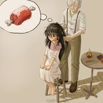  1girl bad_id bad_pixiv_id barefoot boned_meat book brown_eyes cutting_hair food grey_hair imagining injury long_hair meat messy_hair old_man original scissors severed_hair skyape stool table 