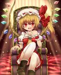  blonde_hair chair fang flandre_scarlet hat knee_up open_mouth pinky_out ponytail red_eyes short_hair side_ponytail sitting skull smile solo sumisu_(mondo) thighhighs throne touhou white_legwear wings wrist_cuffs 