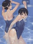  artist_request black_eyes black_hair competition_swimsuit copyright_request goggles multiple_girls non-web_source one-piece_swimsuit partially_submerged pool short_hair smile swimming swimsuit 