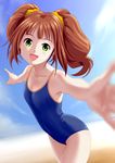  brown_hair competition_school_swimsuit foreshortening green_eyes idolmaster idolmaster_(classic) long_hair md5_mismatch one-piece_swimsuit outstretched_arms perspective ponnetsu school_swimsuit solo swimsuit takatsuki_yayoi twintails 