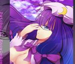  bad_id bad_pixiv_id bespectacled blue_eyes bow breasts cleavage crescent glasses greave_(asterism) hair_bow hat large_breasts long_hair patchouli_knowledge purple_hair solo touhou 