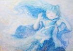  acrylic_paint_(medium) blue blue_hair closed_eyes hatoya_hato kochiya_sanae long_hair monochrome pale_skin solo touhou traditional_media 