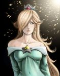  aqua_eyes bare_shoulders blonde_hair breasts collarbone crown dress hair_over_one_eye highres jay_phenrix long_hair mario_(series) medium_breasts realistic rosetta_(mario) solo super_mario_bros. 