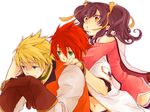  2boys anise_tatlin bad_id bad_pixiv_id black_hair blonde_hair blue_eyes brown_hair choker gloves green_choker green_eyes guy_cecil hug hug_from_behind kira_(abyss) luke_fon_fabre multiple_boys red_hair smile tales_of_(series) tales_of_the_abyss twintails white_background yellow_eyes 