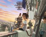  1girl aircraft animal_ears bad_id bad_pixiv_id bangs bare_legs bike_shorts blanket boxers brown_eyes brown_hair building cat_ears cat_tail chimney city cityscape clothes_hanger clothes_pin cloud corrugated_galvanised_iron_sheet dirigible doorway drainpipe dutch_angle feet flying horizon laundry long_sleeves looking_away no_socks ocean original panties panties_removed power_lines radio_antenna railing rooftop shipping_container shirt shirt_removed shoe_dangle short_hair sign sitting sky skyape slippers socks socks_removed stairs sunlight sunset t-shirt tail tower underwear water water_tower 