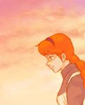  anne_of_green_gables anne_shirley apron bow braid brown_hair green_eyes hair_bow hairband long_hair orange_hair oyasumi pink profile red_sky sky smile solo 