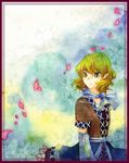  arm_warmers blonde_hair cherry_blossoms green_eyes mizuhashi_parsee neckerchief pointy_ears shiroaisa solo touhou traditional_media watercolor_(medium) 
