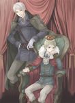  axis_powers_hetalia bad_id bad_pixiv_id blonde_hair cape chair chin_rest coat crown germany_(hetalia) gloves grey_hair military military_uniform multiple_boys prussia_(hetalia) sitting tokorokan uniform 