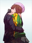  1girl az0212 bad_id bad_pixiv_id brown_hair closed_eyes couple crying grey_hair hetero hug jacket narukami_yuu persona persona_4 satonaka_chie school_uniform short_hair skirt tears 