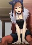  bangs blunt_bangs brown_hair buttons chain character_request collar copyright_request hat kushizukino_ayame leash legwear_under_shorts long_hair midriff navel open_mouth pantyhose shorts sitting solo 