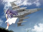  aircraft airplane cloud day dress f-16_fighting_falcon fighter_jet hand_behind_head hand_on_headwear hat jet long_hair military military_vehicle original purple_hair sky solo standing sun_hat sundress white_dress wind yamano_sachi 