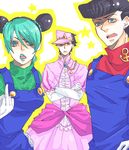  2boys az_y bad_id bad_pixiv_id black_hair cosplay crossdressing double_bun dress earrings elbow_gloves father_and_daughter gloves green_eyes green_hair green_lipstick hand_on_hip hat higashikata_jousuke jewelry jojo_no_kimyou_na_bouken kuujou_jolyne kuujou_joutarou lipstick luigi luigi_(cosplay) makeup mario mario_(cosplay) mario_(series) middle_finger multicolored_hair multiple_boys open_mouth overalls pink_dress pompadour princess_peach princess_peach_(cosplay) star super_mario_bros. uncle_and_nephew 