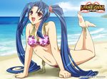  barefoot beach bikini blue_hair day dolphin_hayase hair_ornament legs long_hair open_mouth red_eyes solo swimsuit twintails wrestle_angels wrestle_angels_survivor yasaka_minato 