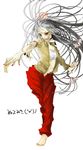  bad_id bad_pixiv_id bandages barefoot foreshortening fujiwara_no_mokou hair_ribbon hands holding long_hair long_sleeves midriff mouth_hold nail_polish navel ofuda open_clothes open_shirt outstretched_arms outstretched_hand pants red_eyes red_nails ribbon sarashi shirt silver_hair sira_tamako solo torn_clothes touhou translation_request wind 