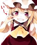  ascot blonde_hair cheek_pinching face fang flandre_scarlet from_above grin hat looking_at_viewer no_wings pinching purple_eyes rin_(royal) smile solo touhou 