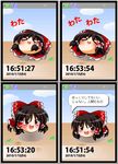  &gt;_&lt; bad_id bad_pixiv_id cellphone_display check_translation closed_eyes hair_ribbon hakurei_reimu no_humans open_mouth ribbon shinjitsu smile timestamp touhou translation_request xd yukkuri_shiteitte_ne 