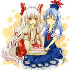  bad_id bad_pixiv_id blue_hair bow cake closed_eyes doily food fruit fujiwara_no_mokou hair_bow hat kamishirasawa_keine long_hair multiple_girls no_pupils open_mouth pastry red_eyes sitting smile strawberry touhou very_long_hair white_background zawameki 