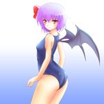  ass bad_id bad_pixiv_id bat_wings blush flat_chest one-piece_swimsuit purple_hair red_eyes remilia_scarlet school_swimsuit short_hair smile solo sumapan swimsuit touhou tsurime wings 