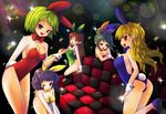  animal_ears bare_legs blonde_hair blue_eyes blue_hair brown_hair bunny_ears bunnysuit cherry_peachcat couch elf green_hair long_hair multiple_girls original pointy_ears ponytail red_eyes short_hair tongue 