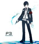  armband bad_id bad_pixiv_id belt blue_eyes blue_hair card card_with_aura checkered checkered_floor evoker floating_card gun headphones holding holding_card holster jacket long_sleeves lupicam male_focus necktie persona persona_3 perspective ribbon school_uniform solo standing weapon yuuki_makoto 