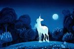  fantasy flower full_moon horns looking_back looking_up moon moonlight night no_humans screencap sky standing the_last_unicorn the_unicorn_(the_last_unicorn) tree unicorn white_hair 